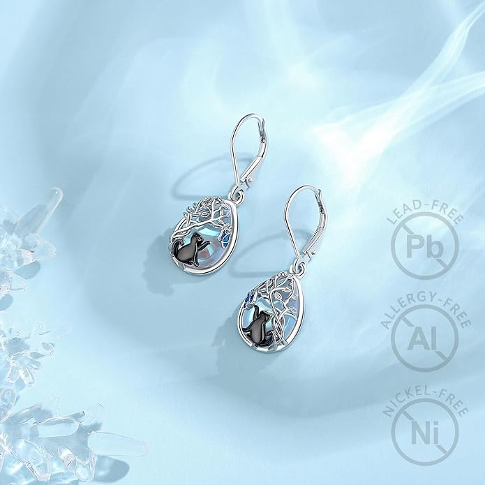 Vito 925 Sterling Silver Teardrop Earrings for Women, Moonstone Turquoise Drop Dangle Earrings Cat Snake Turtle Tree of Life Leverback Earrings Boho Jewelry Gift for Mom Wife