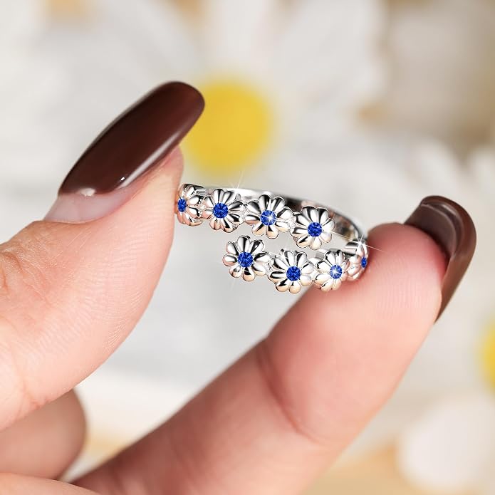 Dainty Daisy Ring for Women, S925 Sterling Silver Cubic Zirconia Sunflower Flower Ring For Daughter, I Think Of You Every Daisy Ring, Birthstone Flower Ring