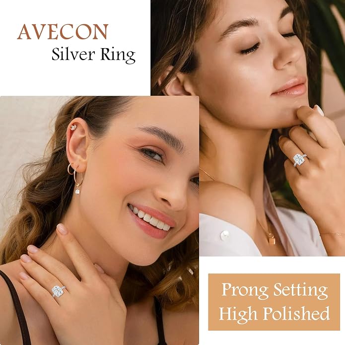 AVECON 3CT/5CT Elongated Cushion Cut Engagement Ring for Women, Wedding Promise Cubic Zirconia Band, White Gold Plated Bridal Half Eternity Rings with 4 Prong, Size 5-9
