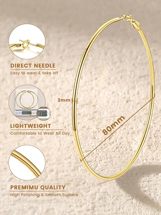 KeyStyle Gold Hoop Earrings for Women, Stainless Steel Hoops Earring Lightweight Loops, 2 mm Thick Hypoallergenic Circle Endless Thin Hoop (20/30/40/50/60/70/80/90/mm)
