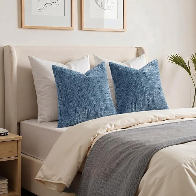 decorUhome Textured Chenille Throw Pillow Covers 22x22 Set of 2 Blue | Fall Modern Farmhouse Soft Cozy Slubby Couch Pillow Cases Boho Decorative Pillow Cases for Bed Sofa Living Room Home Decor