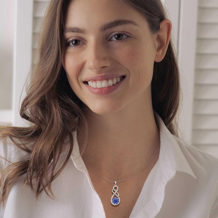 Gemstone Infinity Pendant Necklaces for Women, S925 Sterling Silver Round cut Zircon Necklace Birthstone Jewelry Gift for Her