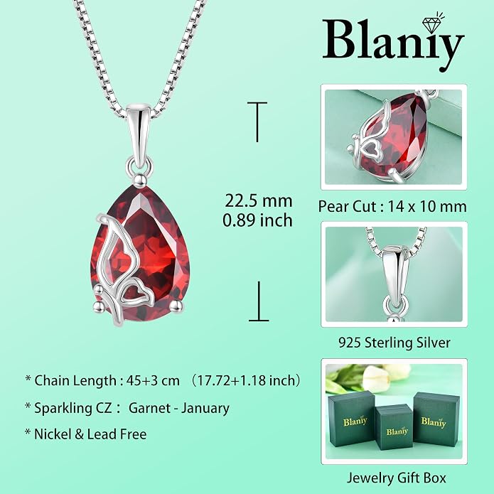 Teardrop Necklace 925 Sterling Silver Butterfly Pendant Necklace Birthstone Jewelry for Women