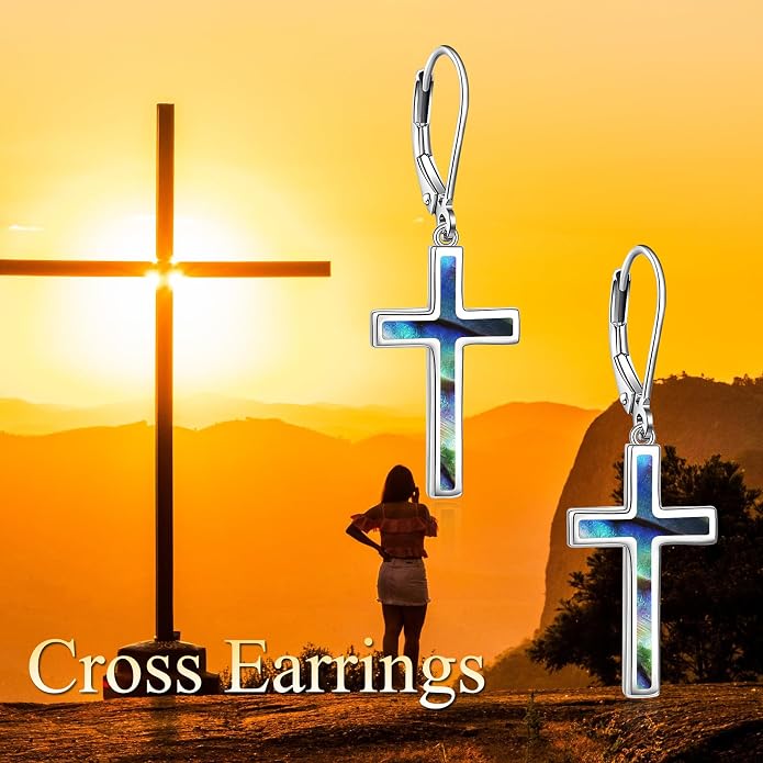ONEFINITY Cross Earrings 925 Sterling Silver Leverback Cross Dangle Drop Earring Cross Religion Jewelry for Women Men