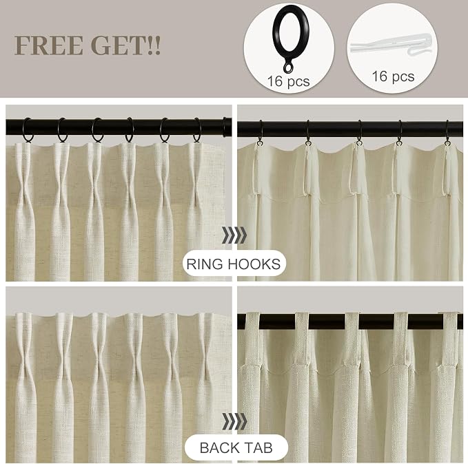 IVAPUPU Pinch Pleated Linen Curtains 90 Inches Long 2 Panels for Living Room, Light Filtering Pleated Semi Sheer Curtain with Hooks Rings Back Tab Memory Trained Drapes for Bedroom, 40W, Linen