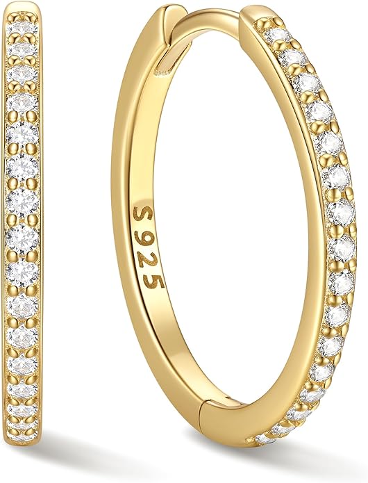 ChicSilver 925 Sterling Silver Huggie Earrings for Women 14K Gold Plated Silver Hoop Earrings for Women Hypoallergenic Small Cubic Zirconia Huggie Earring (6/8/10/12/14/16/18/20mm)