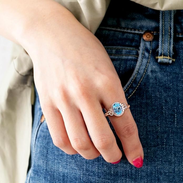 DAYBYDAY Celtic Birthstone Rings for Women 925 Sterling Silver Heart/Round/Pear/Oval Created Gemstone Moissanite Halo Engagement Promise Rings for Her Wife Birthday Anniversary Wedding Jewelry