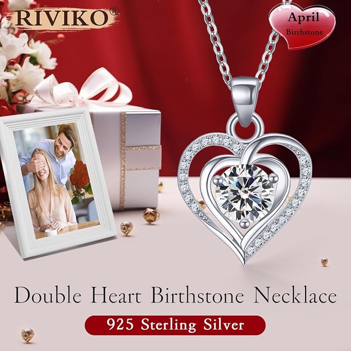 RIVIKO Heart Birthstone Pendant Necklace for Women 925 Sterling Silver Zirconia Necklaces Valentine's Day Anniversary Birthday Mothers Day Jewelry Gifts For Her Mother Wife
