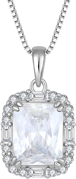Princess Cut Necklaces for Women, 925 Sterling Silver Emerald Cut Birthstone Pendant Necklace Halo Square Rectangle Jewelry Gifts for Her