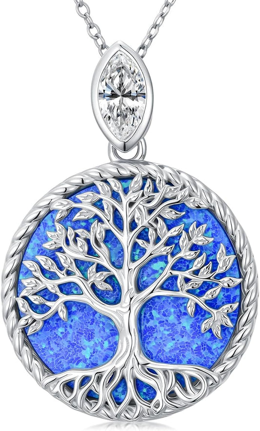 Tree of Life Moissanite Necklace, 925 Sterling Silver 0.5 Carat Moissanite Abalone Shell/Opal/Black Onyx/Turquoise/Malachite/Tiger Eye Stone Tree of Life Pendant Necklaces Jewelry Gift for Women Mom