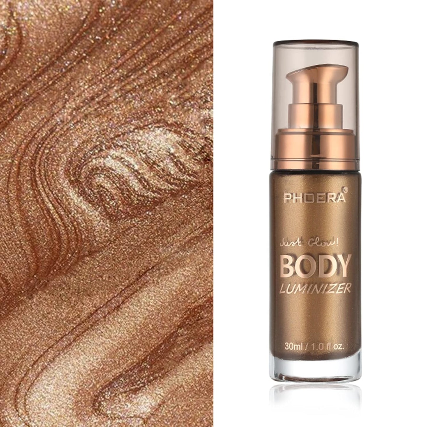 Body Shimmer Oil, Glistening Bronze Natural Glow Luminizer, Long Lasting Waterproof Moisturizing Liquid Illuminator Highlighter Makeup for a Sun-Kissed Glow, Brush Include, 1oz, Medium
