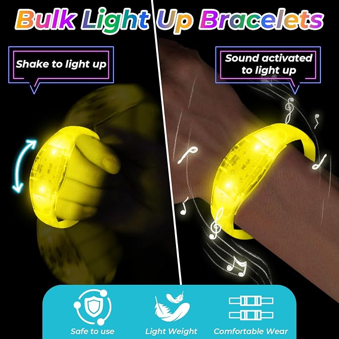 24 Pack Light UP Bracelets Sound Activated Flashing Wristbands Music Control Glow in the Dark Bracelets for Rave Game Prizes Carnival Concerts Night Events Mardi Gras Party Favors