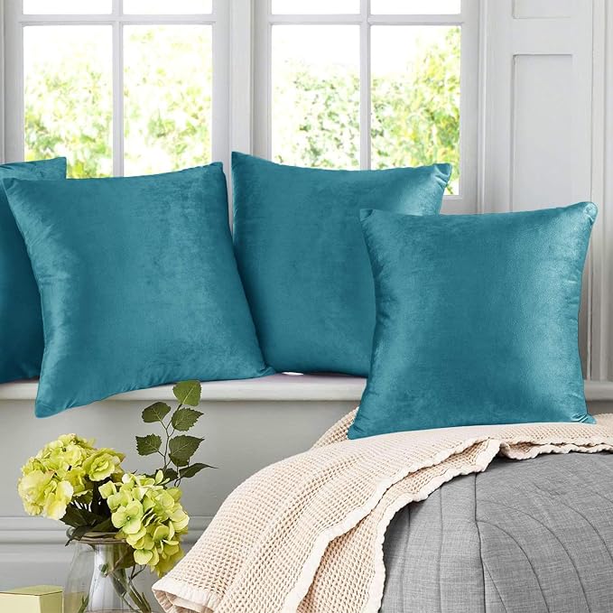 Nestl Throw Pillow Covers, Cozy Velvet Decorative Pillow Cases 24 x 24 Inches, Soft Solid Couch Pillow Covers for Sofa, Bed and Car, Set of 2 - Beach Blue