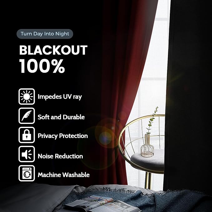 SimpleHome Burgundy Red 100% Blackout Curtains Room Darken Living Room 63 | Curtains for Bedroom,Thermal Insulated Grommet Window Drapes,Curtains for Living Room with Black Back,52 x 63 Inch,2 Panels