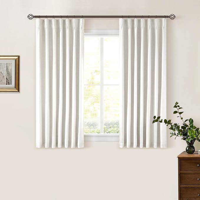 Beige White Pinch Pleat 100% Blackout Linen Curtains 2 Layers 45 Inch Long | Memory Trained, Thermal Insulated, UV Blocking, Noise Reducing, Room Darkening, Black Out Short Curtains for Kitchen 2 Panels