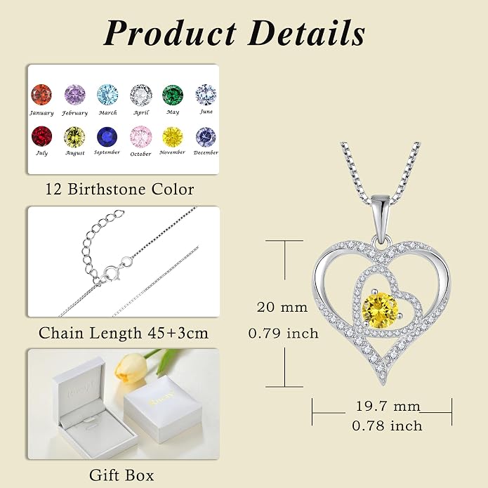 Love Heart Necklace for Women 925 Sterling Silver Birthstone Pendant Necklace Dainty Jewelry for Women Wife Mother Christmas Birthday Mother's Day Gift