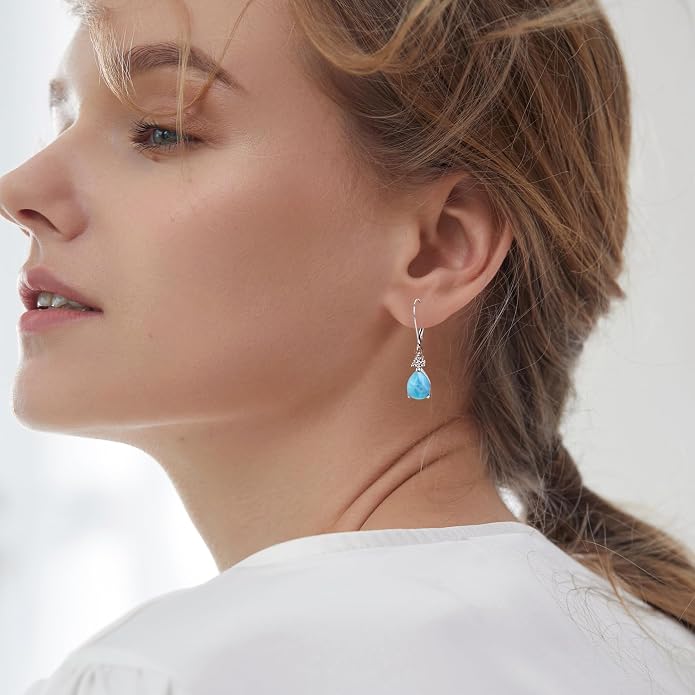 MDFUN 925 Sterling Silver Natural Larimar Earrings for Women Hypoallergenic Dangle Drop Blue Gemstone Leverback Jewelry