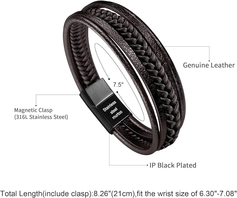 murtoo Mens Leather Bracelet with Clasp Cowhide Multi-Layer Braided Leather Mens Bracelet