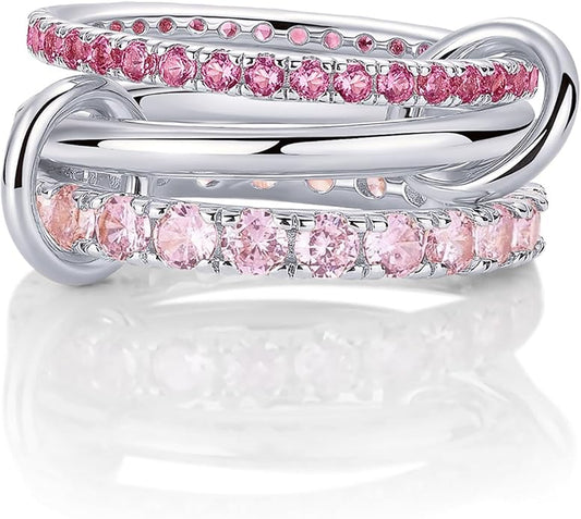 PAVOI 14K Gold Plated Interlocking Ring for Women - Chunky Connected Bands Interlock Stackable Rings for Women - Trendy Cubic Zirconia Two Tone Interlocked Multi-Band Statement Jewelry