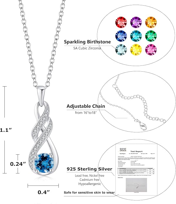 Birthstone Necklaces for Women 925 Sterling Silver Infinity Pendant Created Gemstone Jewelry for Her, 16"+2"