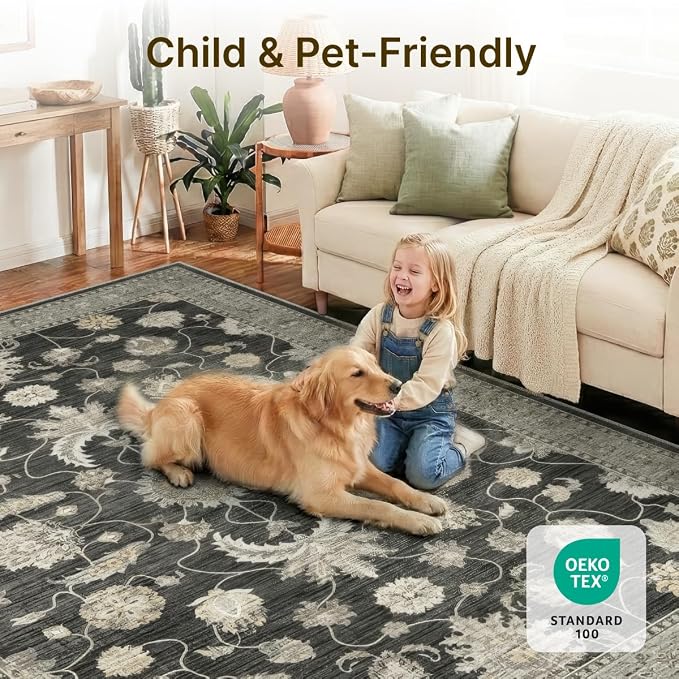 8x10 Area Rug for Living Room-Vintage Farmhouse Boho Floral Washable Stain Resistant Indoor Carpet for Bedroom Office and Home Decor(Black&Gold)
