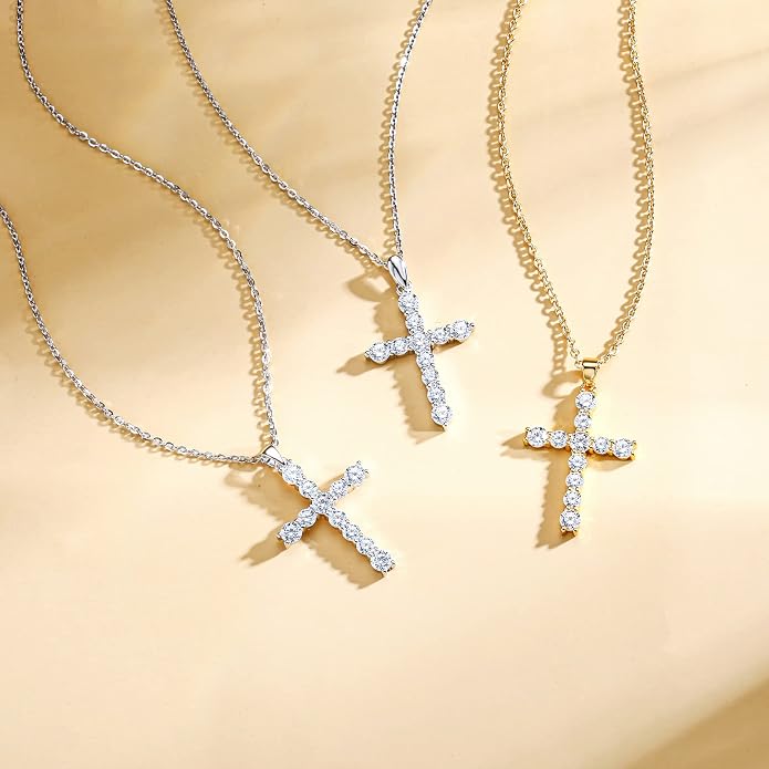 Carleen Cross Necklace For Women Yellow Gold Plated Sterling Silver Cubic Zirconia CZ Simulated Diamond Cross Crucifix Pendant Necklace Jewelry Easter Gift for Women, 18" Silver Chain Nice Gifts Jewelry Box