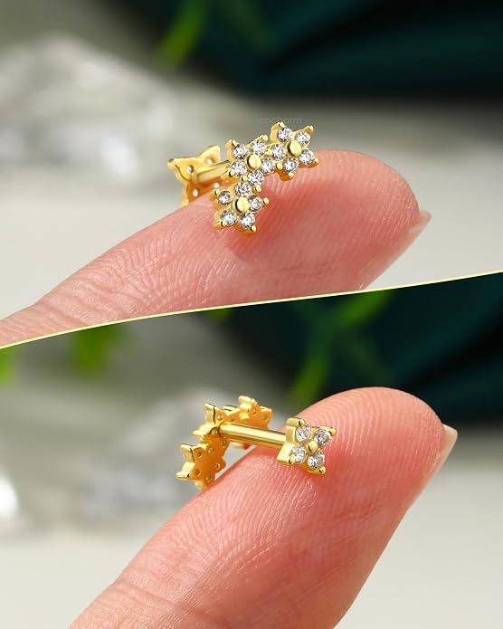 COCHARM 14K Gold Plated Flat Back Cartilage Earrings Stud, 925 Sterling Silver Helix Earrings Stud, 16G Internally Thread Tragus Piercing Jewelry