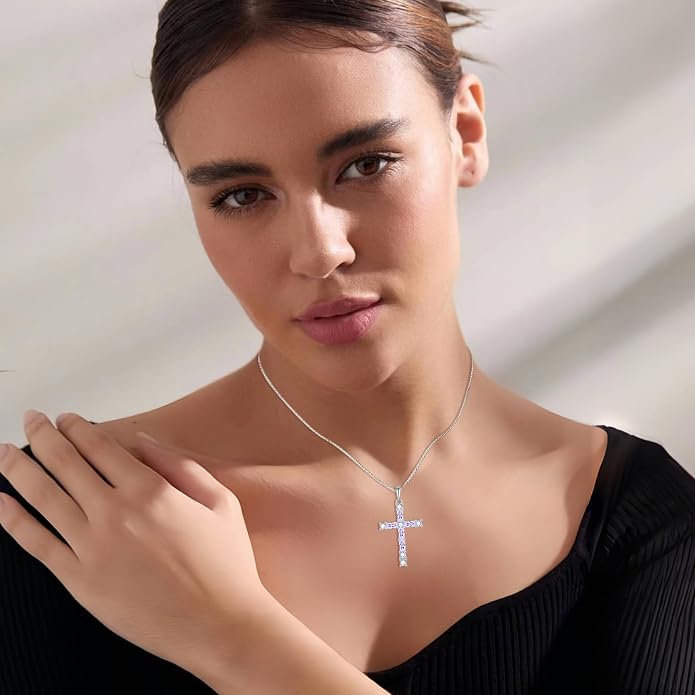 Birthstone Cross Necklace for Women 925 Sterling Silver Christian Religious Crucifix Pendant Rectangular Cut Birthstone Jewelry Gifts for Her