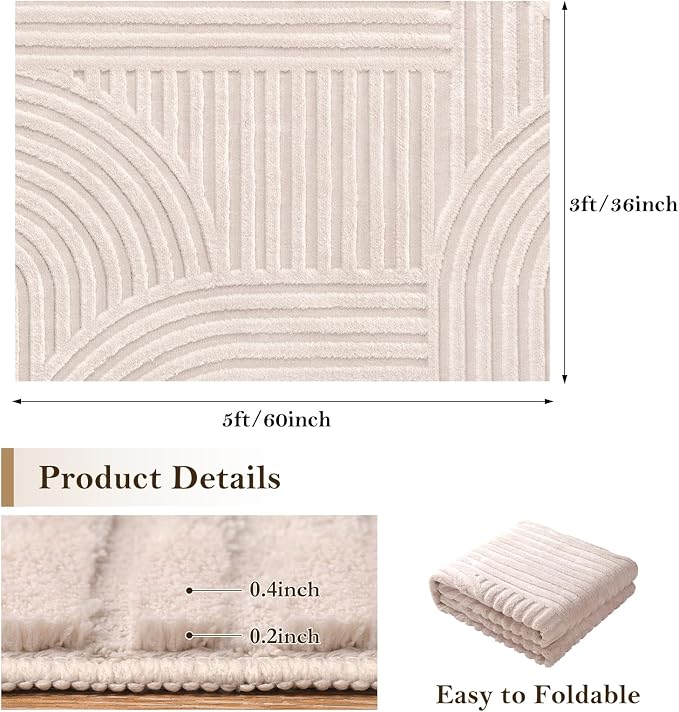 Ciicool 3x5 Washable Area Rug,Beige Entryway High-Low Pile Small Carpet | Modern Soft Textured Non Slip Carpet Stain Resistant Plush Bedside Bedroom Dining/Living Room Entryway Office Indoor Decor