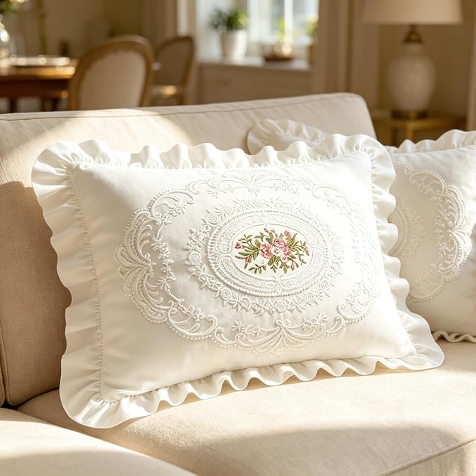 12x20 Pillow Covers, White Lace Square Cushion Cover 100% Cotton Throw Pillow Cover Pillowcase Set of 2, Decorative Cushion case,Handmade Pillowcase with Ruffles