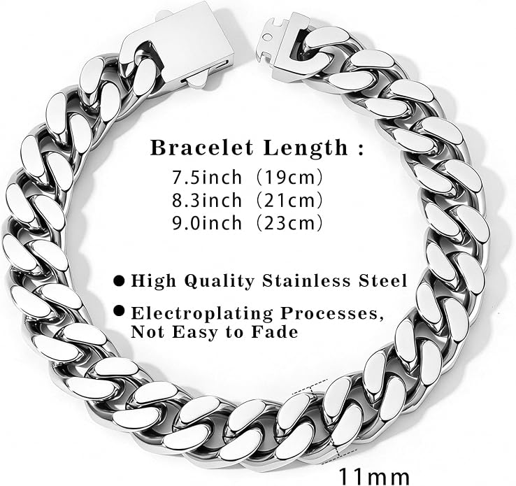 Stainless Steel Cuban Link Bracelet for Men - Gold/Silver Plated Miami Curb Chains Bracelet - Cuban Hand Chain Wrist Bracelet Hip Hop Jewelry, 9mm/11mm Width, 7.5"/8.3"/9"