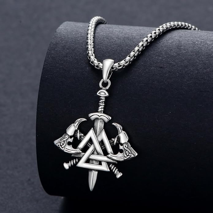 PROESS Viking Valknut Necklace S925 Sterling Silver Viking Knot Nordic Sword Necklace Celtic Axe Amulet Dagger Pendant Jewelry Gifts for Men Women