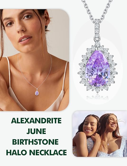 925 Sterling Silver Teardrop Necklace for Women Huge Created Gemstone Solitaire Halo Pendant Pear Cut Birthstone Necklace
