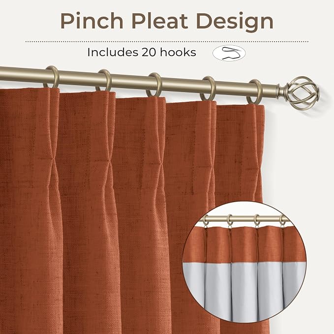CAPALOCA Pinch Pleated Curtains Blackout, Linen Blackout Curtains 96 inches Long 2 Panels Set for Bedroom, Thermal Insulated Pinch Pleated Drapes for Living Room, 40" W x 96" L (Pack of 2), Orange