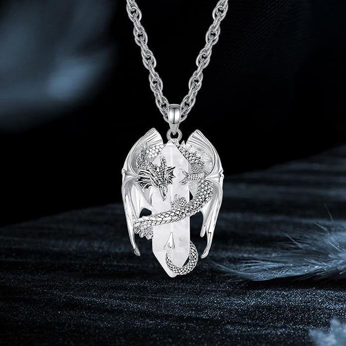 INFUSEU Unique Dragon Necklaces with Healing Crystal Stone for Men Women, Personalized Spiritual Gifts, 24 Inch Chain