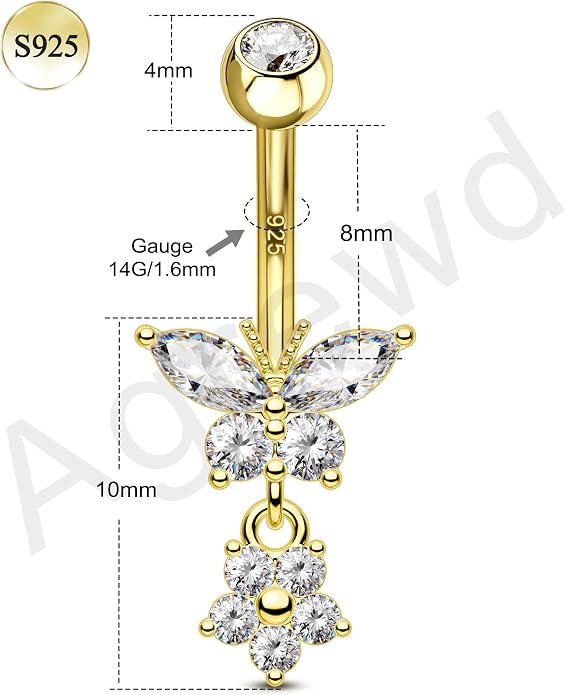 14K Gold Plated Belly Button Rings Dangle Belly Navel Rings for Women 925 Sterling Silver Navel Piercing Jewelry Surgical Steel