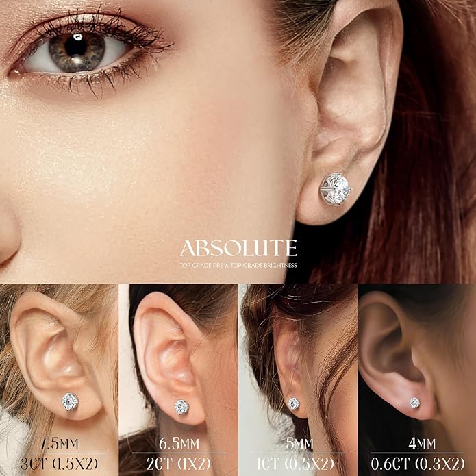 Moissanite Earrings, Hypoallergenic Flat Back Earrings for Women Men, Screw On Studs 925 Sterling Sliver Cartilage Earring for Sensitive Ears 4mm Short Post
