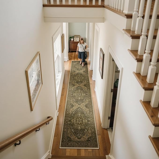 RELEANY Area Rugs Runner 2'x10' Washable Non-Slip, Floral Vintage Distress Medallion Carpet for Kitchen Hallway Bedroom Beside Laundry Room Bathroom, Brown Dark Brown
