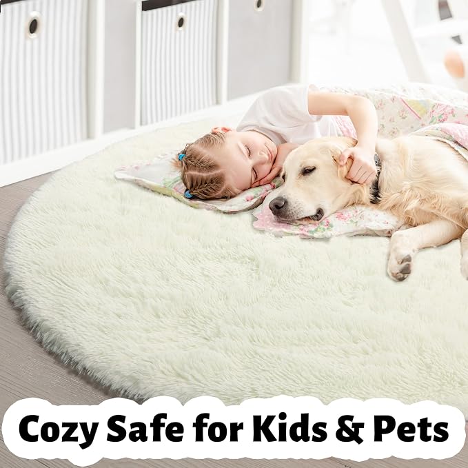 Amdrebio Ivory White Large Round Rug 8Ft for Kids Bedroom Aesthetic, Fluffy Fuzzy Furry Circle Area Rugs for Living Room, Big Plush Soft Shaggy Cream Carpet for Apartment Baby Nursery Teen Girls Boys