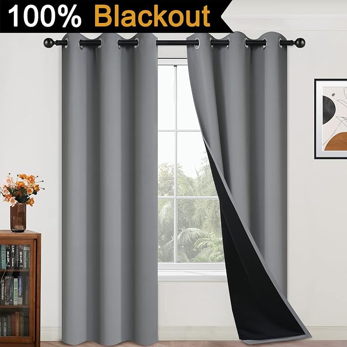 Yakamok 84 Inch Length 100% Blackout Curtains for Bedroom, 2 Thick Layers Thermal Insulated Grommet Total Blackout Drapes with Black Liner for Living Room (42Wx84L,Grey, 2 Panels) | Blackout Curtain Panels for Bedroom, 2 Thick Layers Grommet Top Therma...