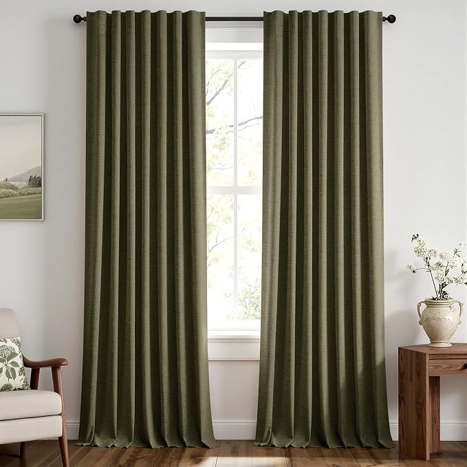 MIULEE 100% Blackout Linen Curtains 42 x 96 Inch Light Olive Green 2 Panels | Thermal Insulated, Room Darkening Drapes for Bedroom Living Room, Back Tab Rod Pocket Pinch Pleated, Solid Luxury Decor