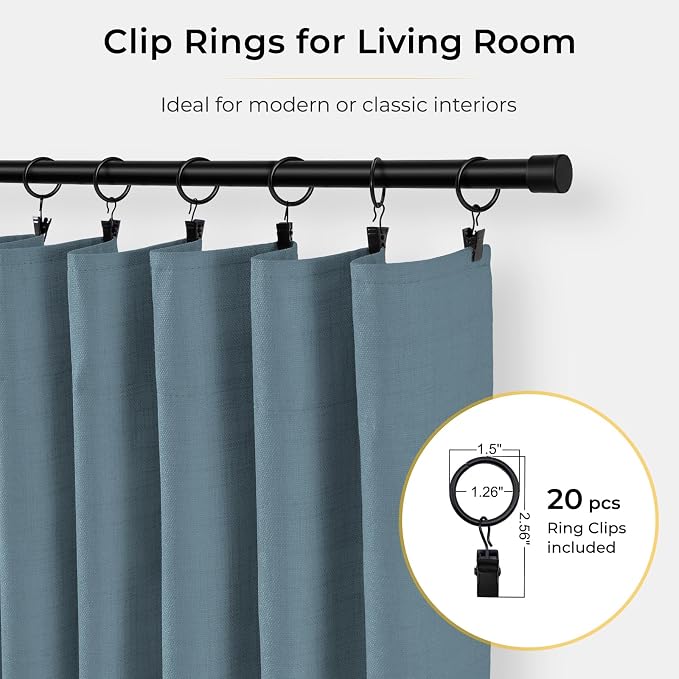 INOVADAY 100% Blackout Curtains for Bedroom, Stone Blue Black Out Curtains 96 Inch Long, Clip Rings Linen Blackout Drapes, Thermal Insulated Room Darkening for Living Room, 2 Panels - W50xL96