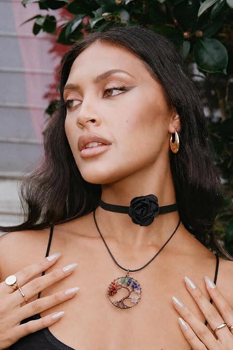 7 Chakra Gemstone Healing Crystals Necklace - Copper Wire Wrapped Natural Unisex Hippie Leather Choker