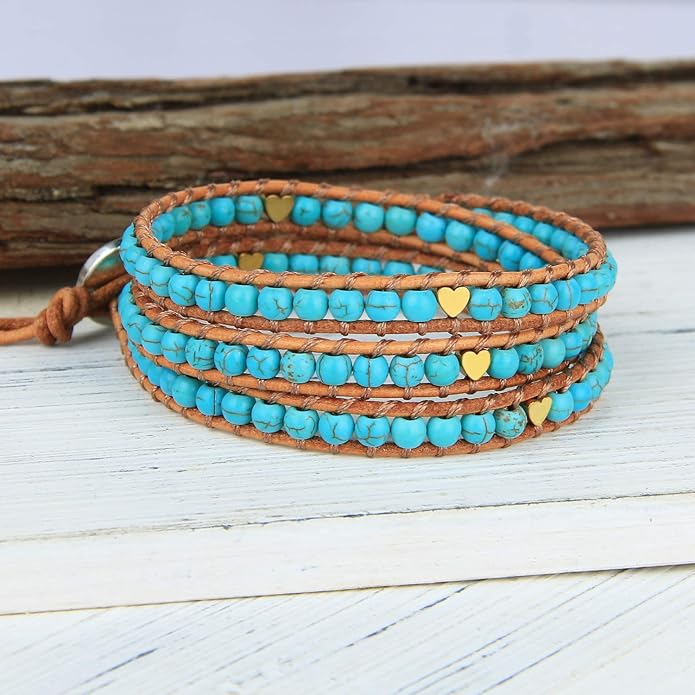 KELITCH Turquoise Beads Bracelets Leather 3 Wrap Bracelet Handmade Women Heart Jewelry