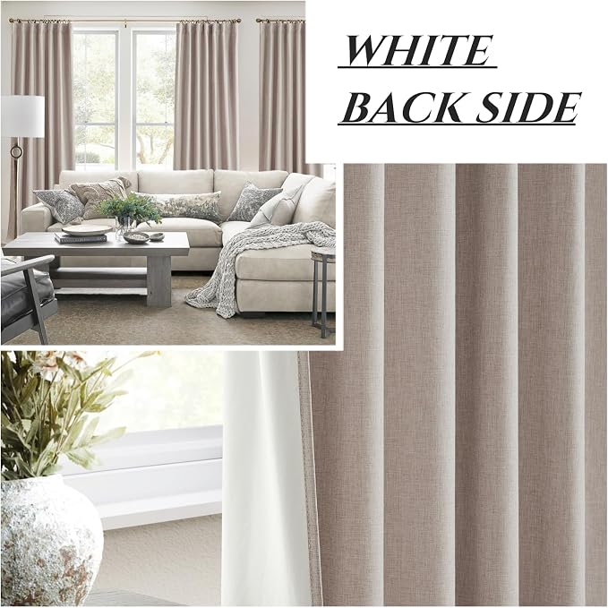 Dining Room Long Curtains 108 Inches Set of 2, 100 Inch Wide (2 x 50")Linen Living Room Drapes 9 Foot Tall 100% Blackout Curtains for Sliding Glass Door 2 Panels Tan Beige Back Tab/Rings/Hooks