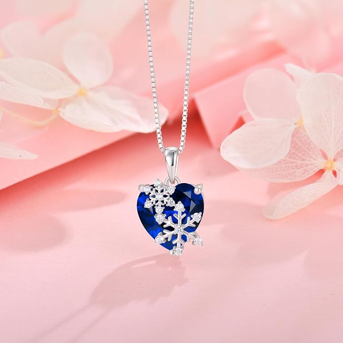 Snowflake Necklace for Women 925 Sterling Silver Heart Birthstone(White/Aquamarine/Sapphire/Pink) Pendant Necklaces Cubic Zirconia Winter Christmas Jewelry