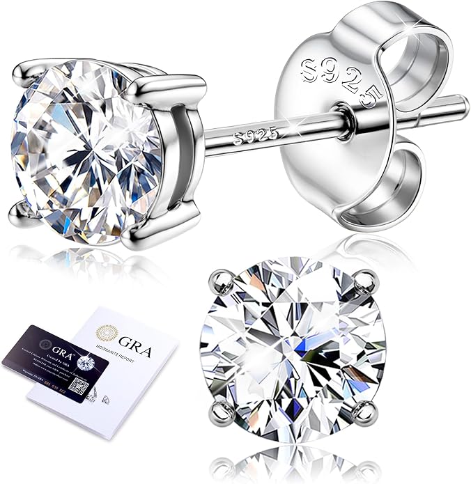 Moissanite Stud Earrings 18K White Gold Plated Brilliant Round Cut Solid 925 Sterling Silver Hypoallergenic Dainty Moissanite Jewelry for Sensitive Ear D Color VVS1 Clarity for Women Men 0.8CT-3CT