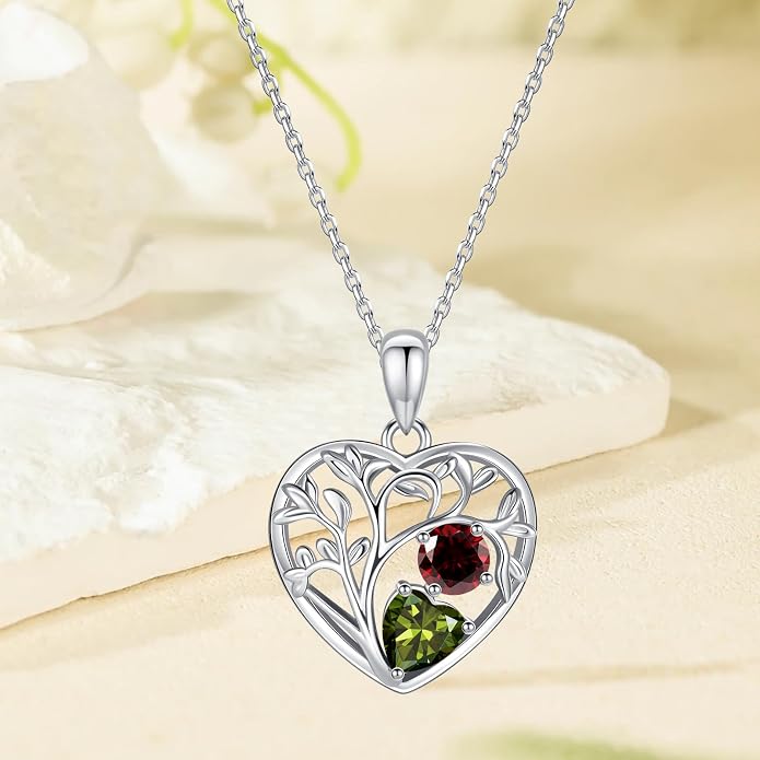 Tree of Life Birthstone Necklace Birthday Gifts 925 Sterling Silver Heart Pendant Birthstone Necklaces for Women Personalized 2 Gemstone Anniversary Graduation Gifts for Her Wife Mom