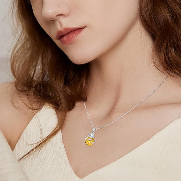 925 Sterling Silver Birth Flower Necklace with Teardrop Shaped Birthstone - 12 Colors, 12 Kinds of Flower - Ideal Birthday Jewelry Gift for Women, Mothers, Daughters & Wives