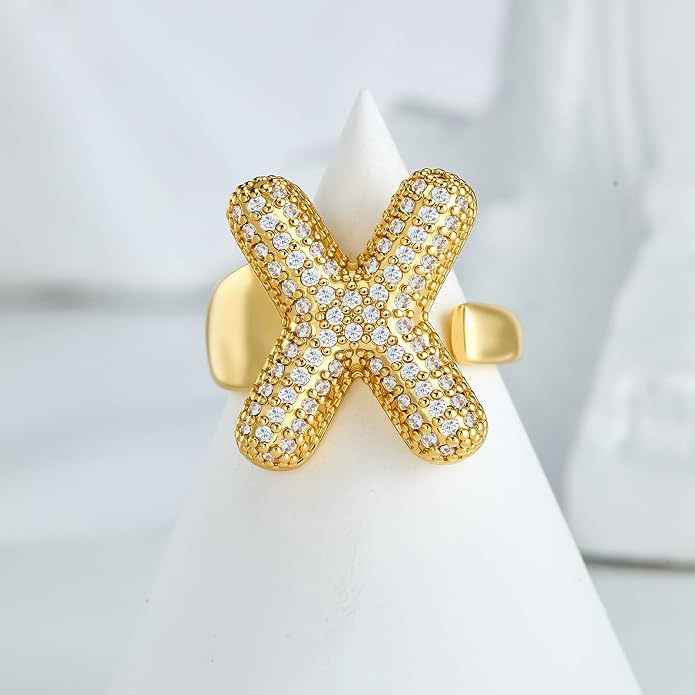 Cicy Bell Initial Rings for Women 14k Gold Plated Cubic Zirconia Delicate Letter Chunky Statement Open Rings Gifts for Her